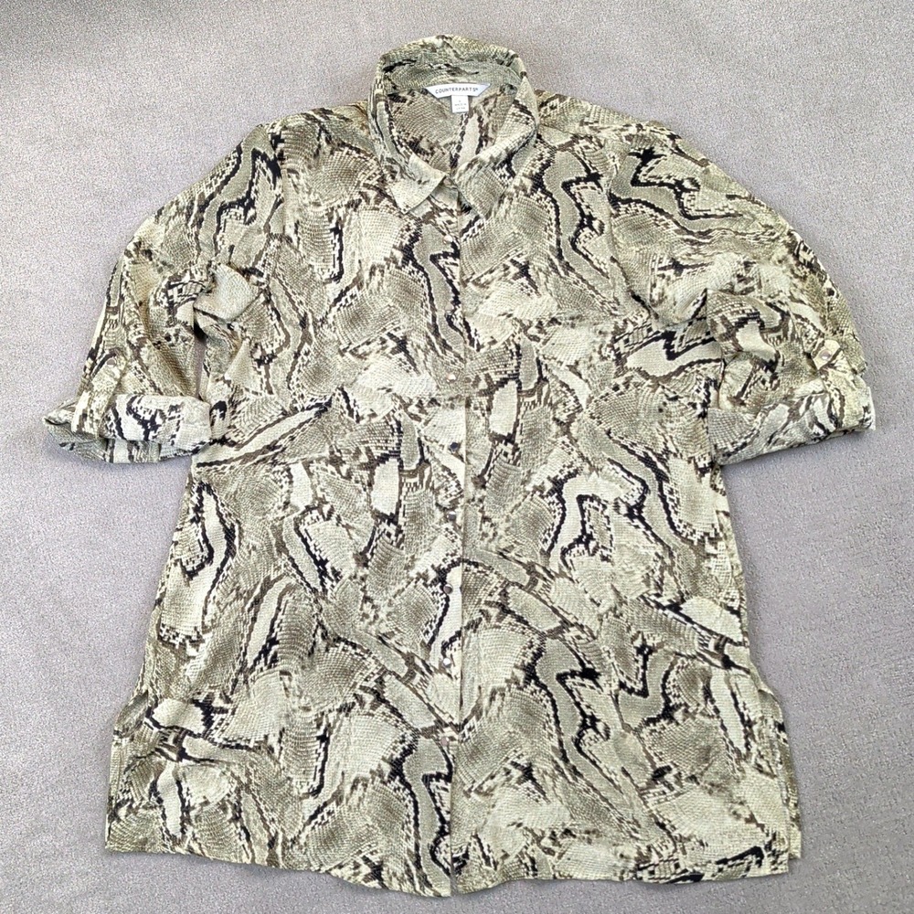 Counterparts Shirt Womens Large Snakeskin Animal Print Roll Tab Sleeve 90s VTG